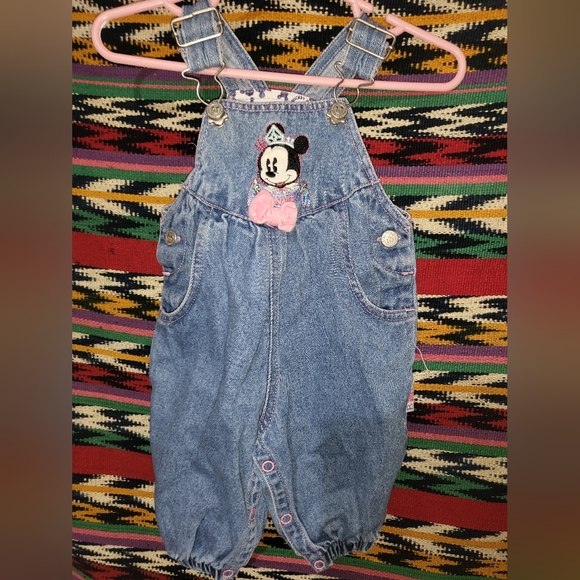 Vintage 90s Disney Minnie Mouse Denim Overalls with Pink Bow Baby Mickey & Co - Picture 1 of 6